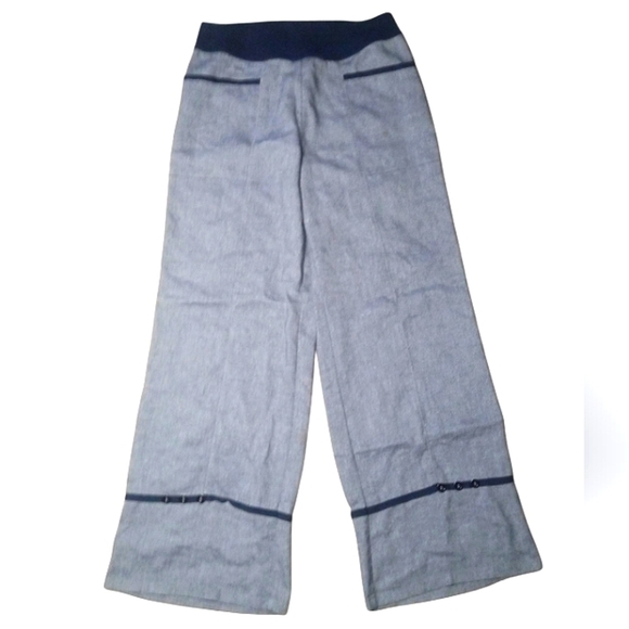 Soft Surroundings Linen Blend Navy Trim Pull On Wide Leg Pants Size Medium - Picture 1 of 6